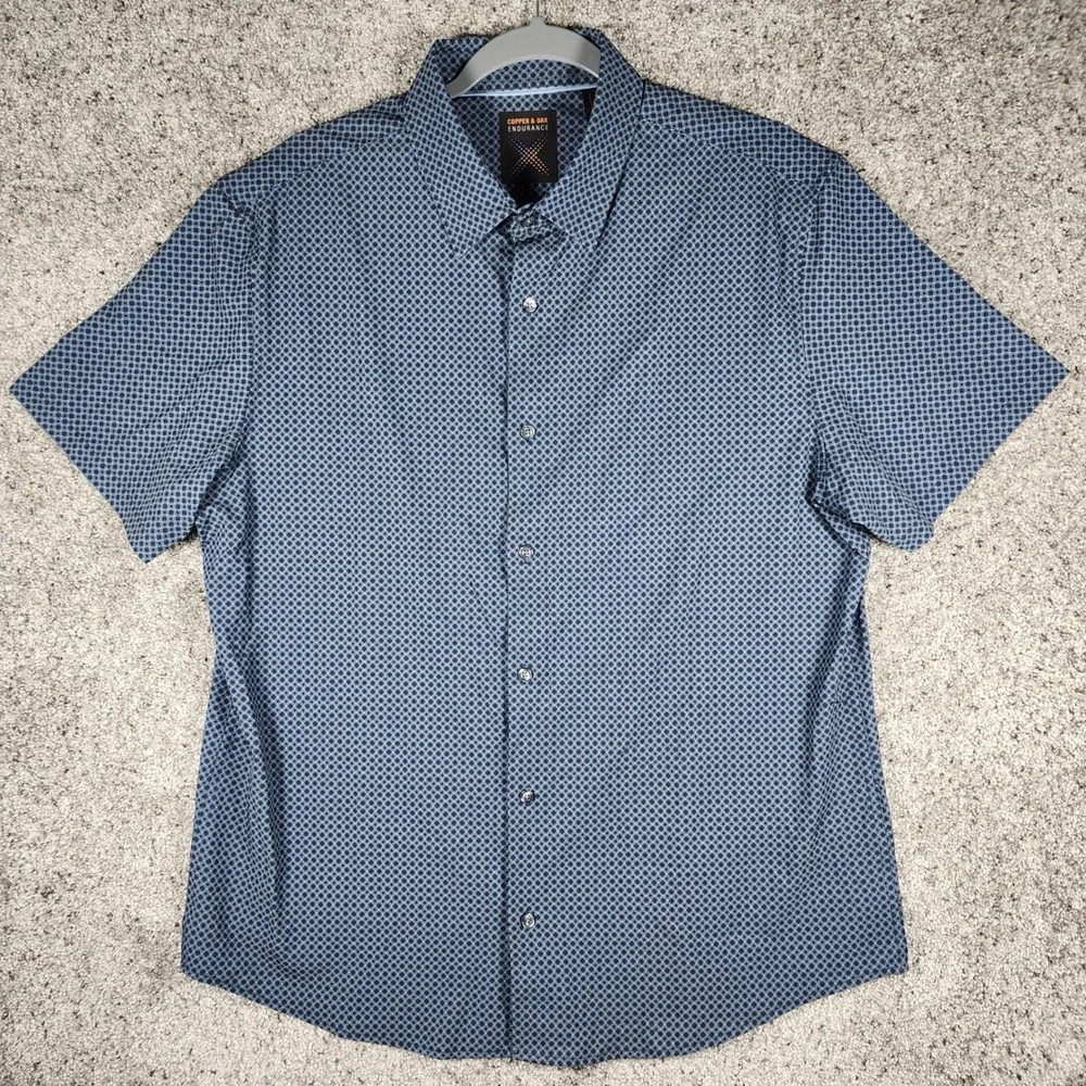 Copper & Oak Button Down Mens Large Blue Geometric Stretch Endurance Excellent